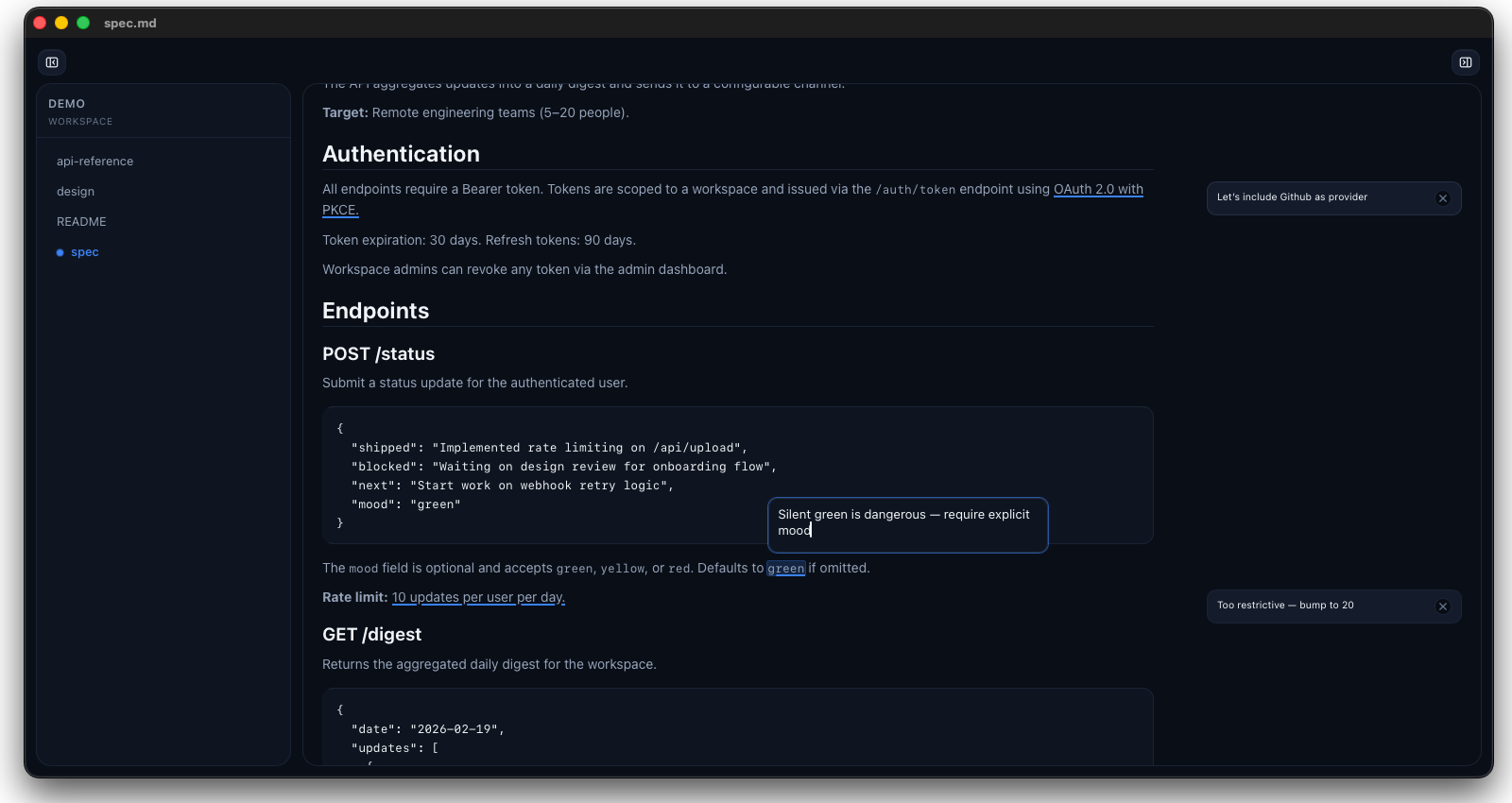 Remark app showing inline comments on Markdown